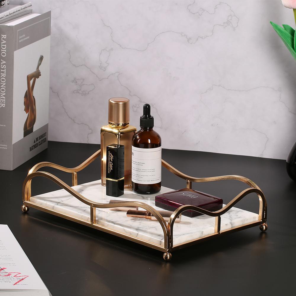 Rectangle Jewelry Perfume Tray Large Serving Tray with Gold Holder White - Organization > Storage Containers > Storage Trays - DINIBLO 