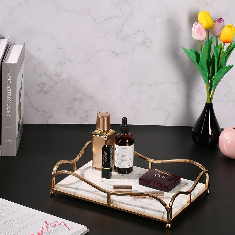 Rectangle Jewelry Perfume Tray Large Serving Tray with Gold Holder White - Organization > Storage Containers > Storage Trays - DINIBLO 