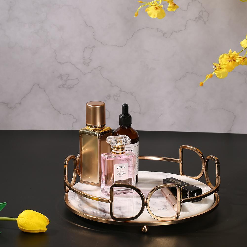 Marble Vanity Perfume Gold Holder Tray Storage Desk Tray Round Green - Home Decor > Storage Containers > Storage Trays - DINIBLO 