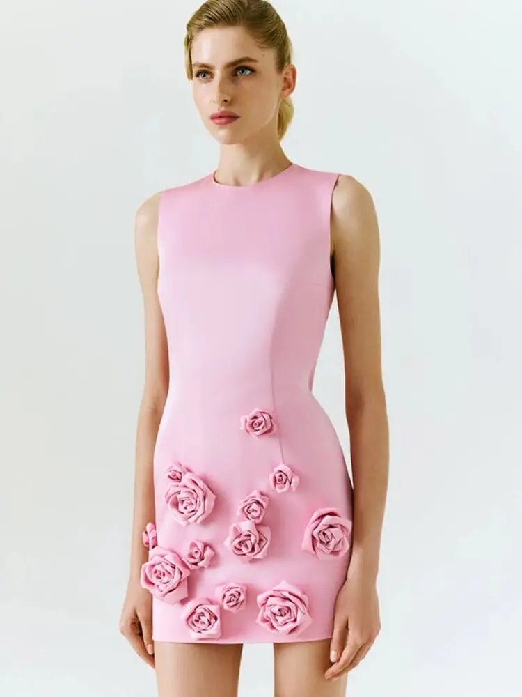 Pink 3D Flower Short Party Dress - Dresses - DINIBLO 