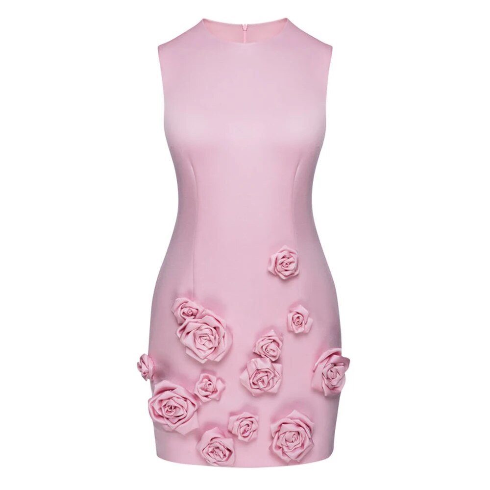 Pink 3D Flower Short Party Dress - Dresses - DINIBLO 