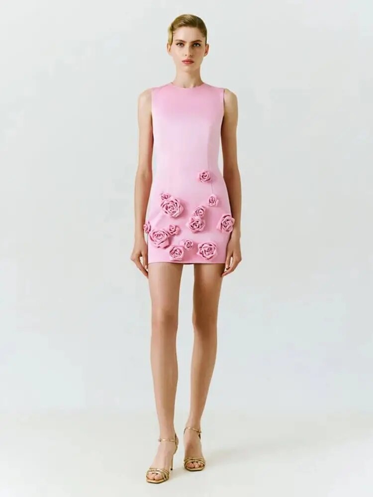 Pink 3D Flower Short Party Dress - Dresses - DINIBLO 