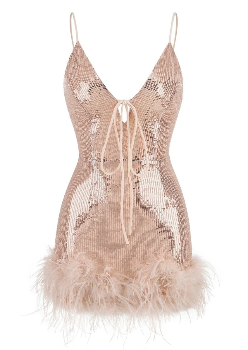 Beige Sequined Mini Dress with Feathers -  - DINIBLO 