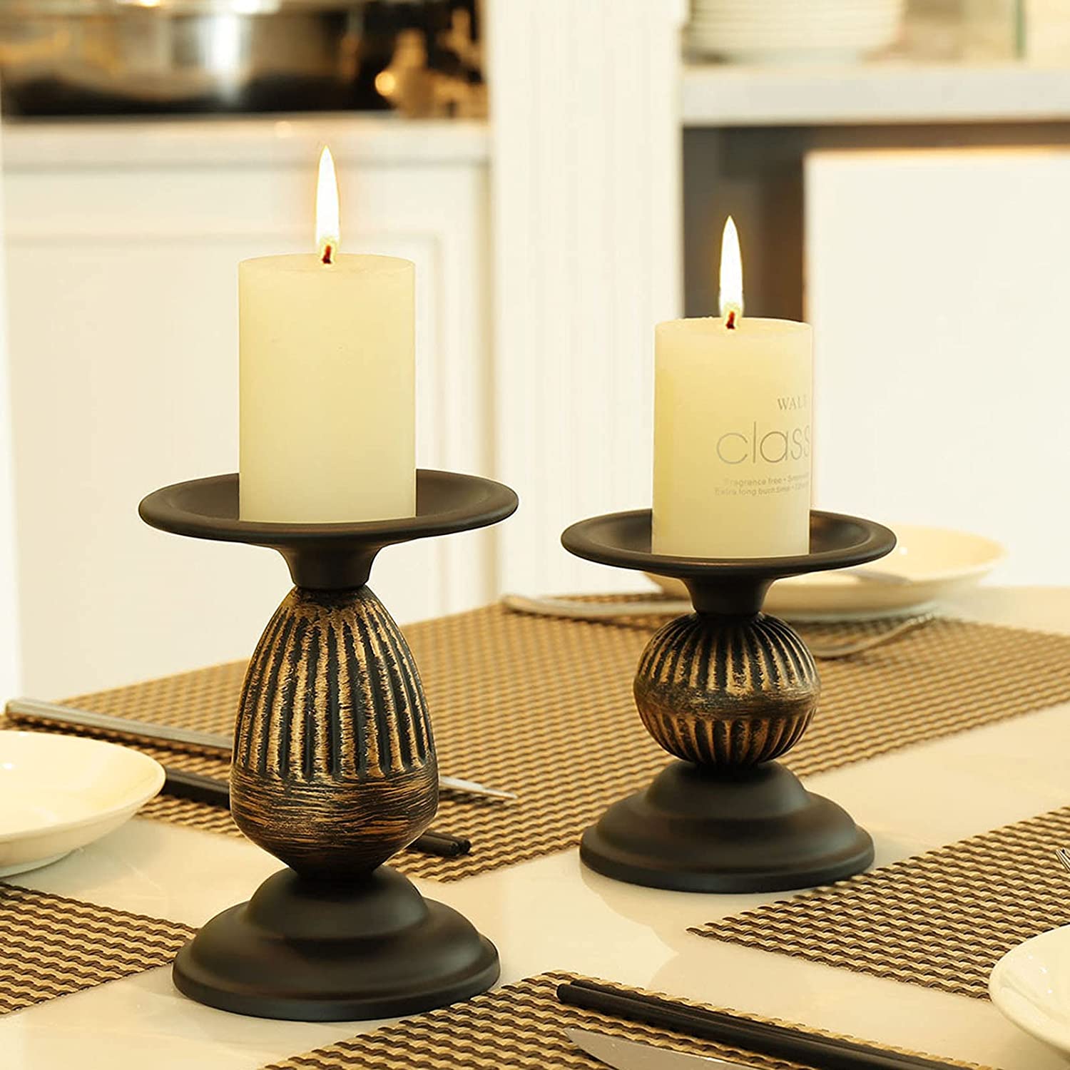 Rustic Pillar Candle Holder Gold Black Candlestick Holder Set of 2 - Home Decor > Candle holders & Lanterns > Candles & Candle holders - DINIBLO 