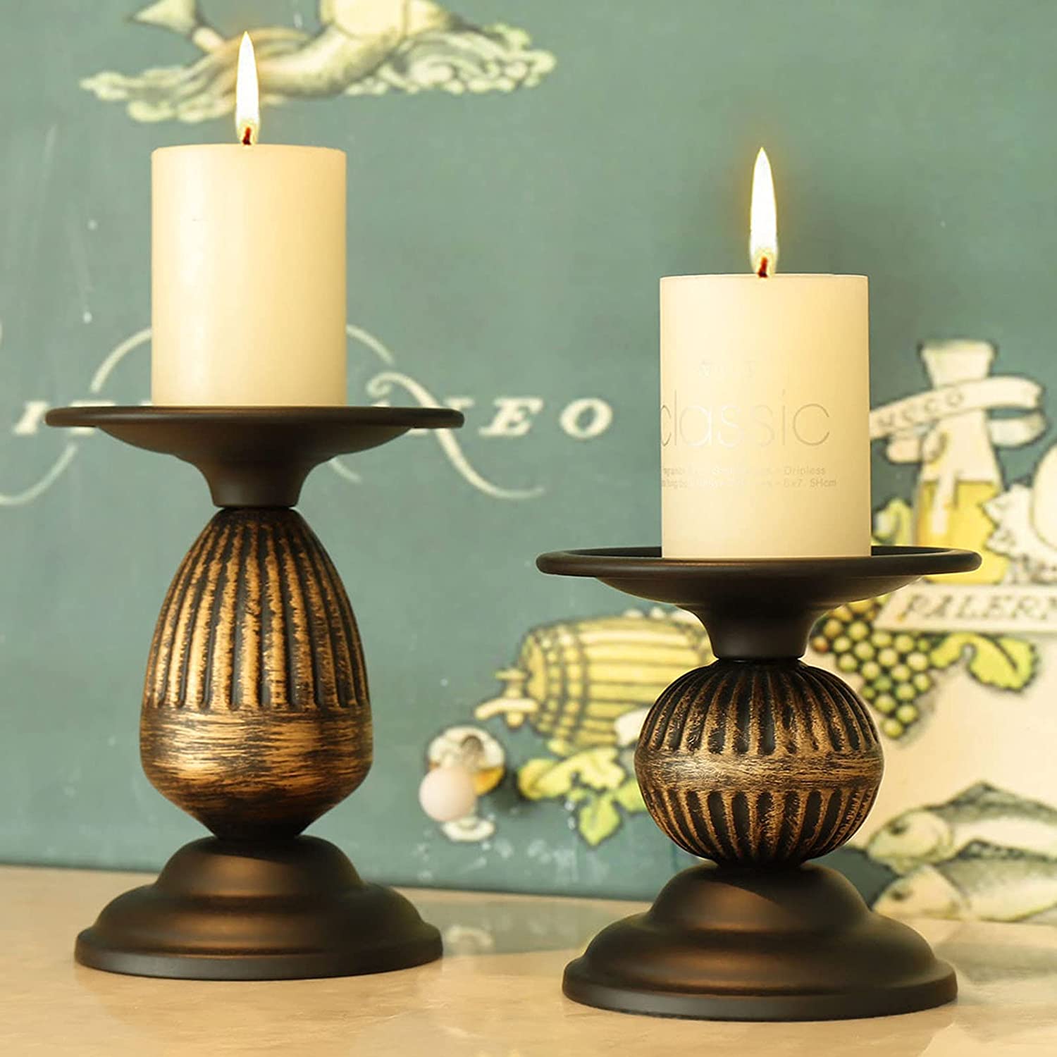 Rustic Pillar Candle Holder Gold Black Candlestick Holder Set of 2 - Home Decor > Candle holders & Lanterns > Candles & Candle holders - DINIBLO 