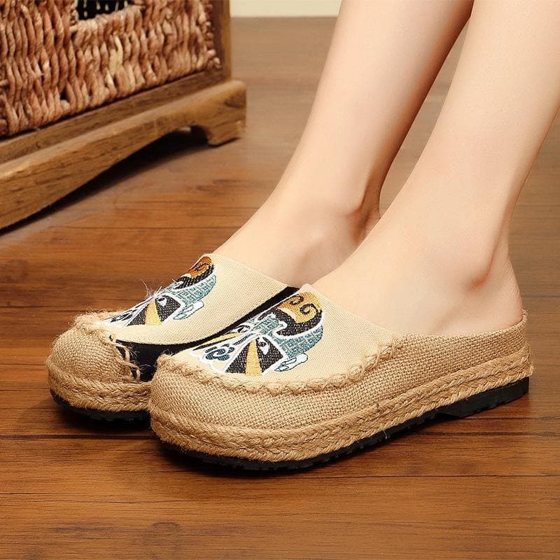 Beige Embroideried Linen Fabric Slippers Shoes Splicing - Slide Sandals - DINIBLO 