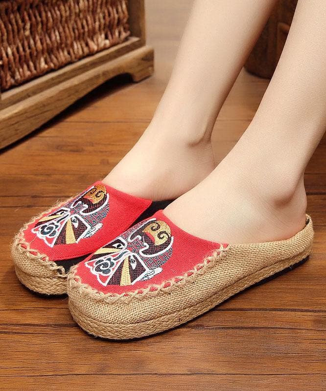 Beige Embroideried Linen Fabric Slippers Shoes Splicing - Slide Sandals - DINIBLO 