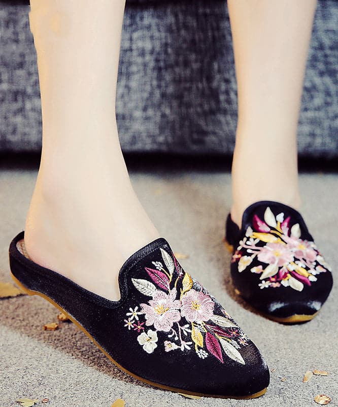 Black Embroideried Cotton Fabric Women Pointed Toe Slide Sandals - Slide Sandals - DINIBLO 