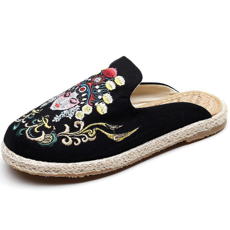 Black Embroideried Slippers Shoes - Slide Sandals - DINIBLO 