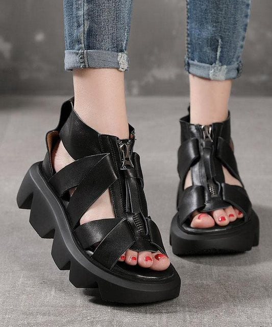 Black zippered Flat Platform Walking Sandals - Sandals - DINIBLO 