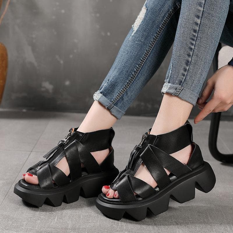 Black zippered Flat Platform Walking Sandals - Sandals - DINIBLO 