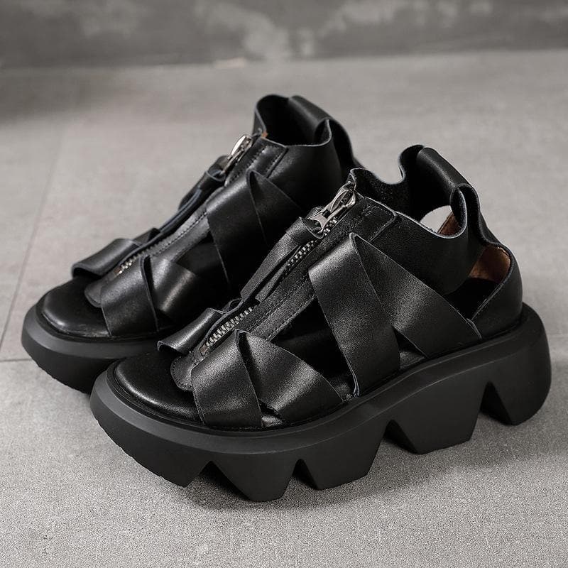 Black zippered Flat Platform Walking Sandals - Sandals - DINIBLO 