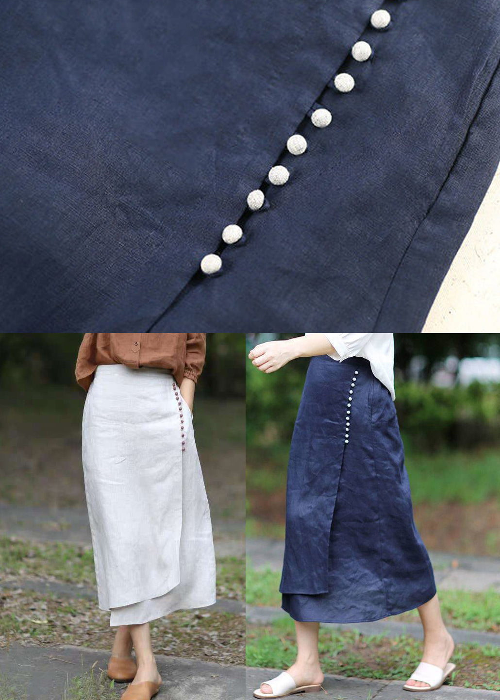 Blue A Line Skirts button asymmetrical design elastic waist Spring - Skirts - DINIBLO 