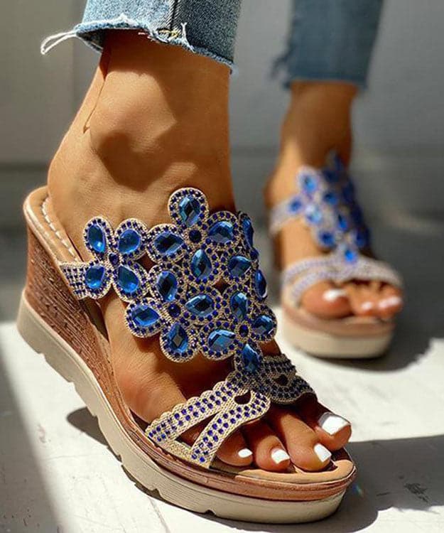 Blue Gemstone High Wedge Heels Faux Leather 2022 Peep Toe Slide Sandals - Slide Sandals - DINIBLO 