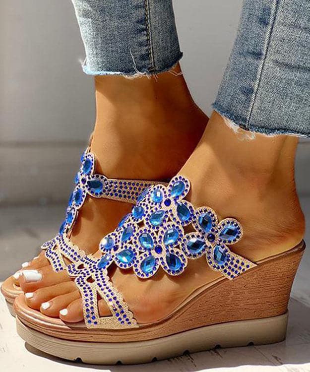 Blue Gemstone High Wedge Heels Faux Leather 2022 Peep Toe Slide Sandals - Slide Sandals - DINIBLO 