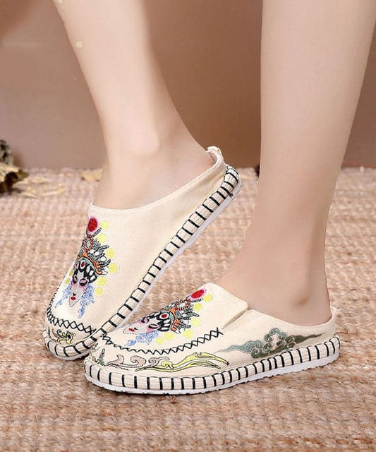 Blue Linen Fabric Unique Bei jing opera Embroideried Slide Sandals - Slide Sandals - DINIBLO 