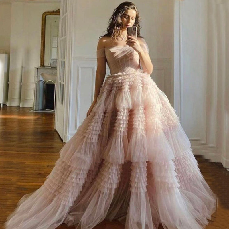 Zariah |Princess A line Off Shoulder Ruffled Tulle Prom Dress - Prom Dress - DINIBLO 