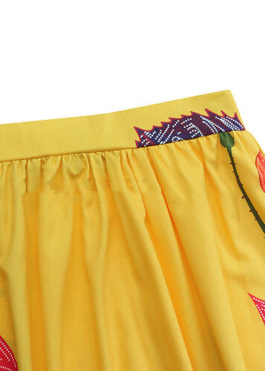 Bohemian Yellow High Waist Pockets Floral Print Cotton A Line Skirt Summer - Skirts - DINIBLO 