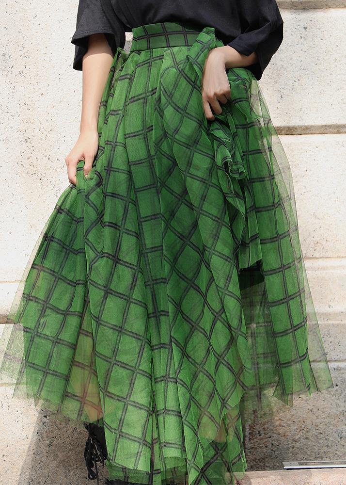 Boho Green Plaid tulle asymmetrical design Skirt Summer - Skirts - DINIBLO 