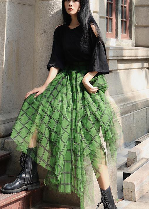 Boho Green Plaid tulle asymmetrical design Skirt Summer - Skirts - DINIBLO 