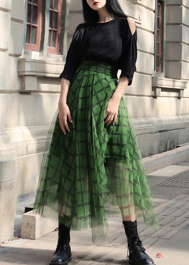 Boho Green Plaid tulle asymmetrical design Skirt Summer - Skirts - DINIBLO 