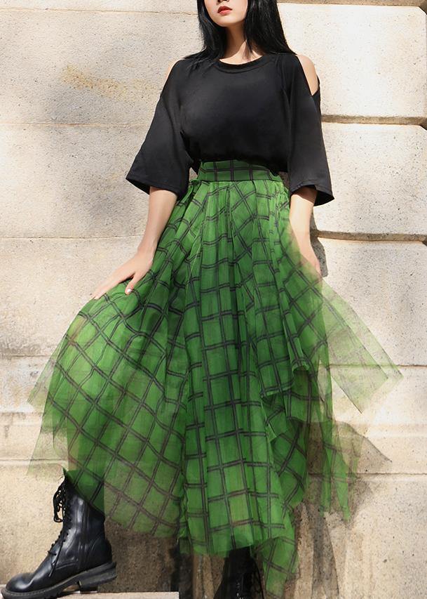 Boho Green Plaid tulle asymmetrical design Skirt Summer - Skirts - DINIBLO 