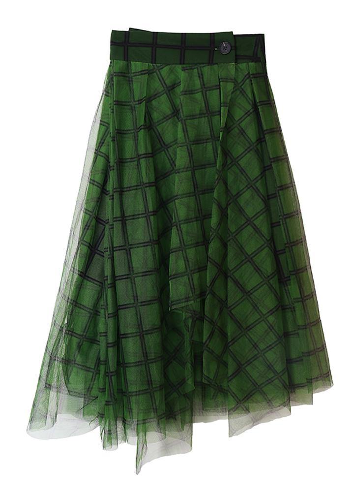 Boho Green Plaid tulle asymmetrical design Skirt Summer - Skirts - DINIBLO 