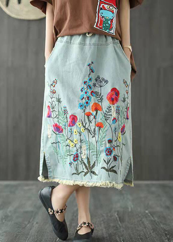 Boho Dark Blue Embroideried Tasseled A Line Summer Skirts Denim - Skirts - DINIBLO 