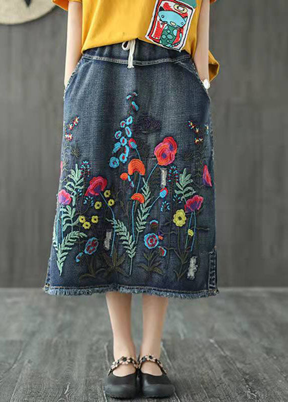 Boho Dark Blue Embroideried Tasseled A Line Summer Skirts Denim - Skirts - DINIBLO 