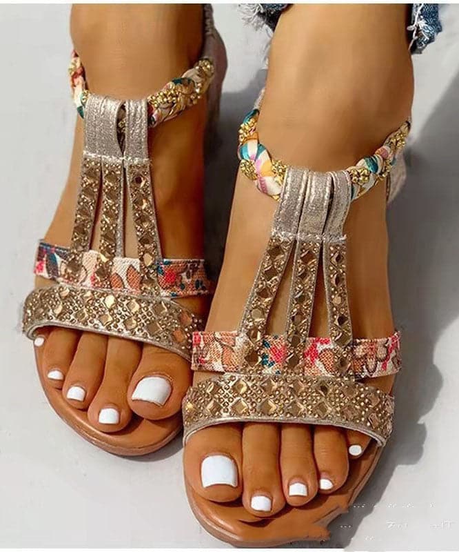 Boutique Peep Toe Wedge Sandals Golden Gemstone Faux Leather Walking Sandals - Sandals - DINIBLO 