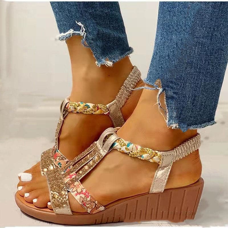 Boutique Peep Toe Wedge Sandals Golden Gemstone Faux Leather Walking Sandals - Sandals - DINIBLO 