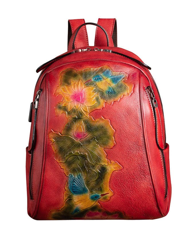 Boutique Red Lotus Paitings Calf Leather Backpack Bag - Backpack Bag - DINIBLO 