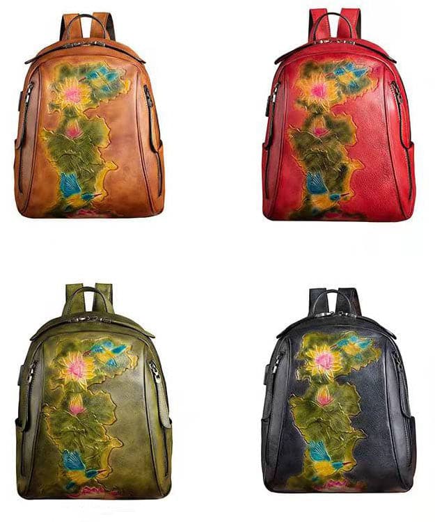 Boutique Red Lotus Paitings Calf Leather Backpack Bag - Backpack Bag - DINIBLO 