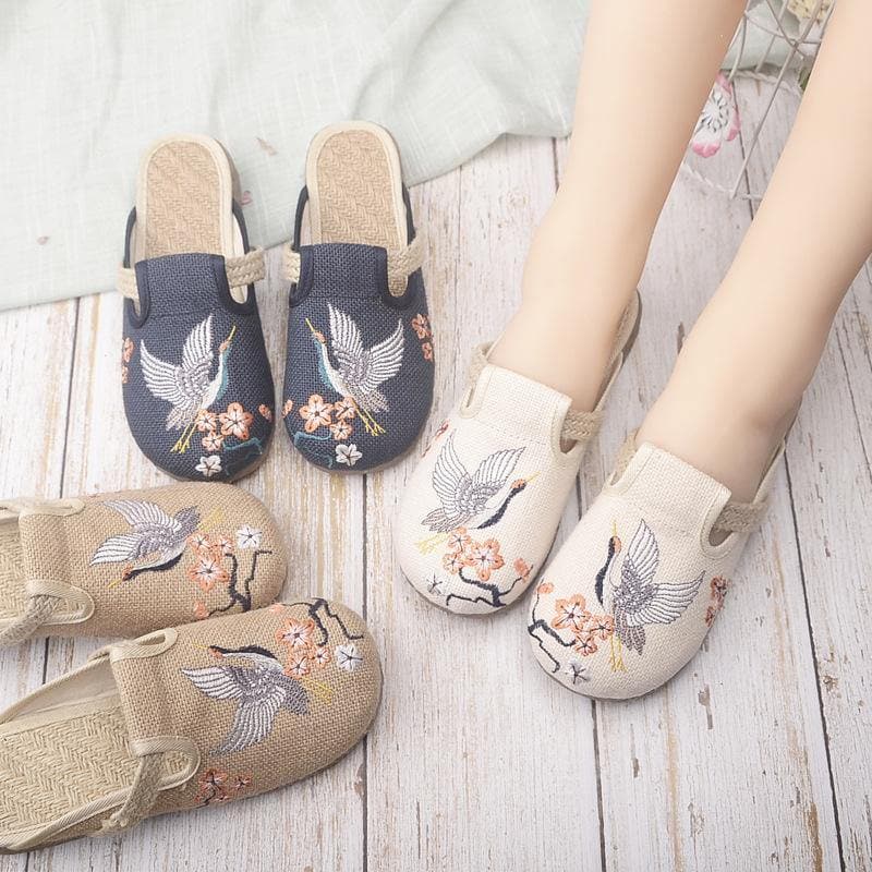 Casual Khaki Embroideried Linen Fabric Slippers Shoes - Slide Sandals - DINIBLO 