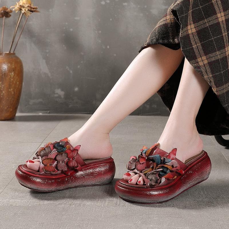 Casual Platform Red Cowhide Leather Peep Toe Slide Sandals - Slide Sandals - DINIBLO 