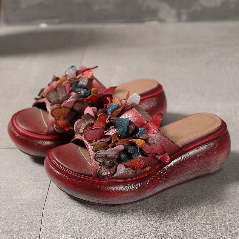 Casual Platform Red Cowhide Leather Peep Toe Slide Sandals - Slide Sandals - DINIBLO 