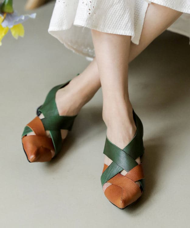 Casual Pointed Toe Chunky Sandals Yellow Green Cowhide Leather Splicing Sandals - High Heels - DINIBLO 