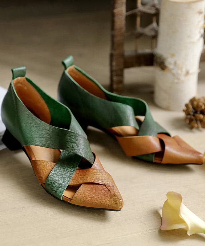 Casual Pointed Toe Chunky Sandals Yellow Green Cowhide Leather Splicing Sandals - High Heels - DINIBLO 