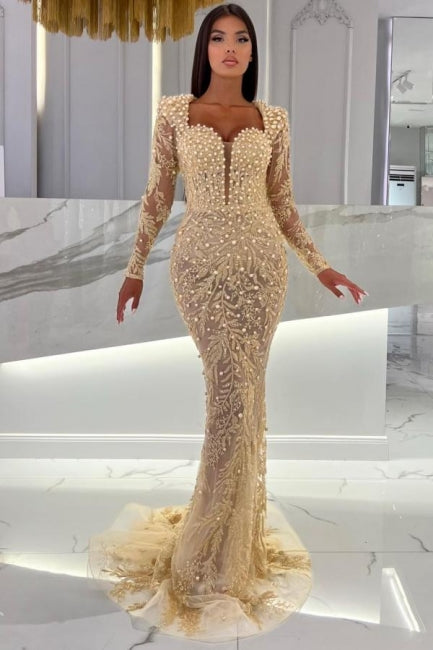 Champagne Mermaid Long Sleeves Sweetheart Prom Dress with Tulle Overskirt - Prom Dresses - DINIBLO 