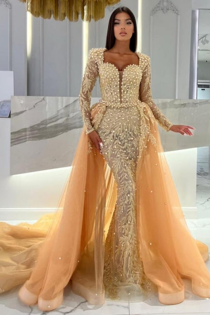 Champagne Mermaid Long Sleeves Sweetheart Prom Dress with Tulle Overskirt - Prom Dresses - DINIBLO 