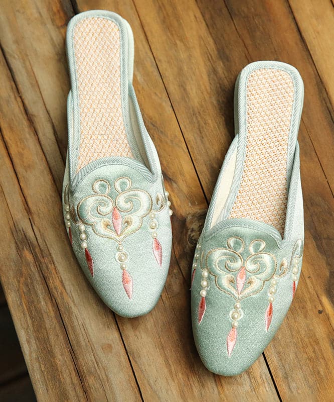 Comfy Light Green Embroideried Pearl Cotton Fabric Slide Sandals - Slide Sandals - DINIBLO 