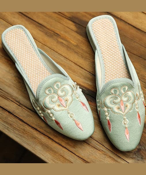 Comfy Light Green Embroideried Pearl Cotton Fabric Slide Sandals - Slide Sandals - DINIBLO 