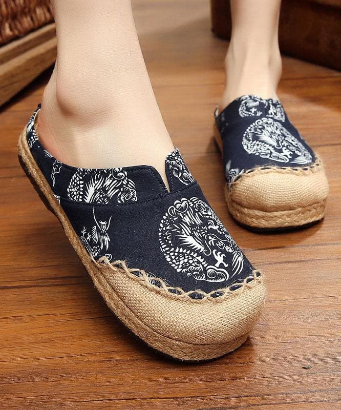 Comfy Navy Print Linen Fabric Slippers Shoes - Slide Sandals - DINIBLO 