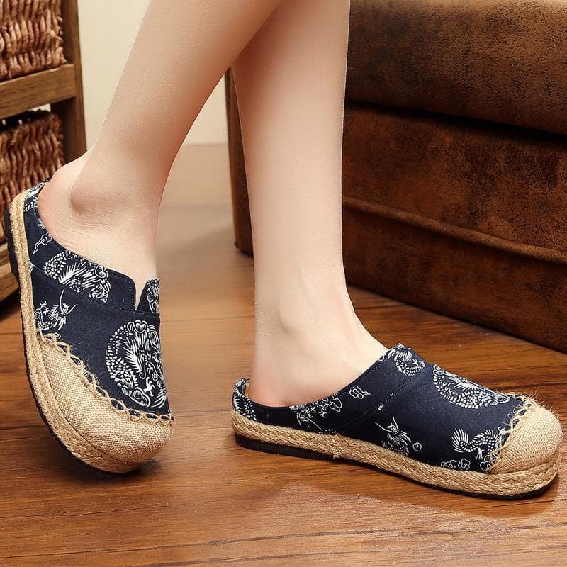 Comfy Navy Print Linen Fabric Slippers Shoes - Slide Sandals - DINIBLO 