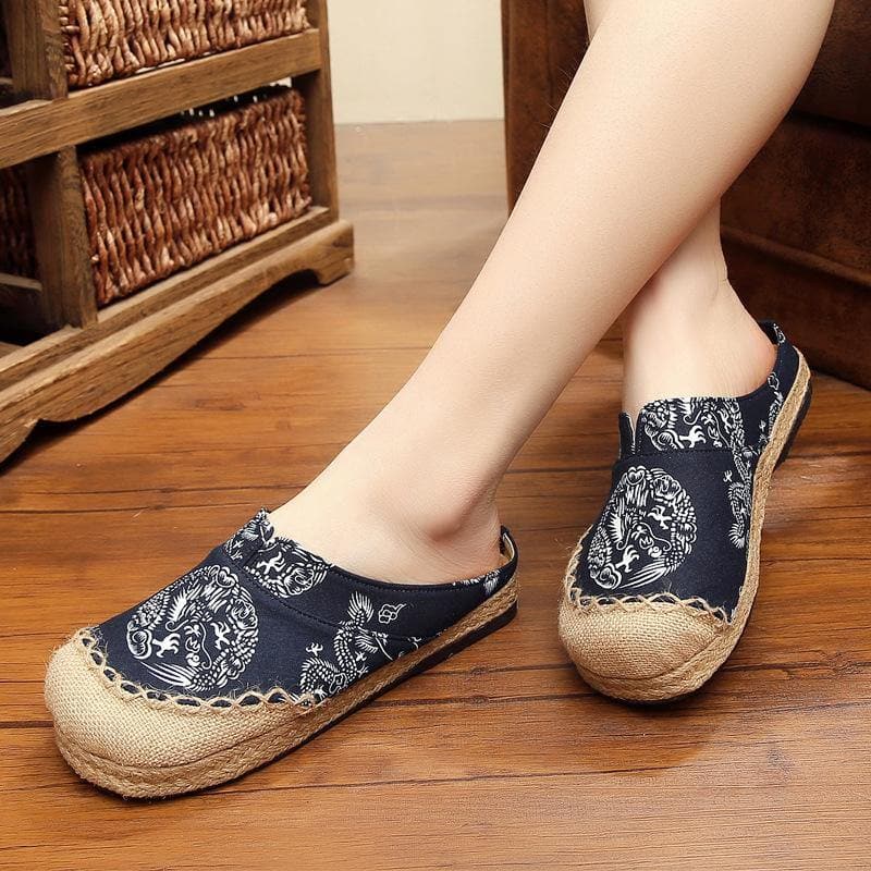 Comfy Navy Print Linen Fabric Slippers Shoes - Slide Sandals - DINIBLO 