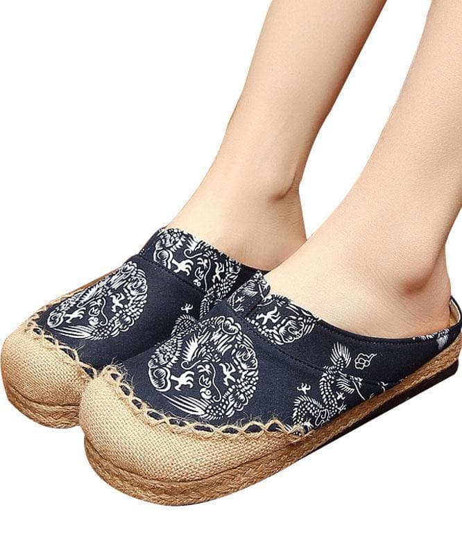 Comfy Navy Print Linen Fabric Slippers Shoes - Slide Sandals - DINIBLO 