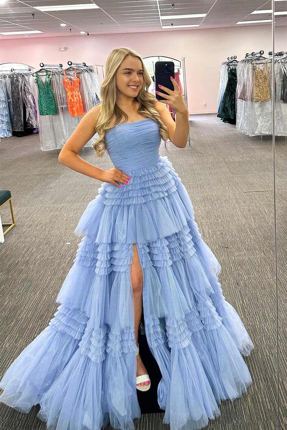 Daniela |A-Line Strapless Tulle Long Prom Dress with Tiered Ruffles - Prom Dress - DINIBLO 