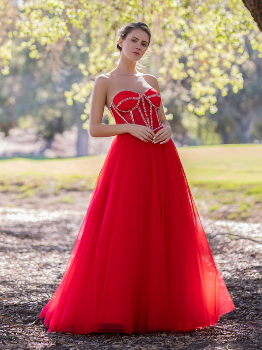 A-Line Strapless Red Prom Dress with Beadings - Prom Dresses - DINIBLO 