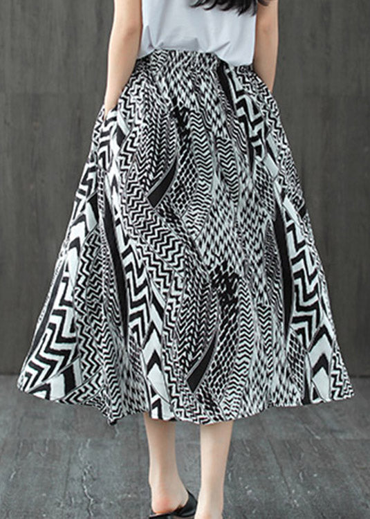 Elegant Black White Print Patchwork Pockets Elastic Waist Linen Skirt Summer - Skirts - DINIBLO 