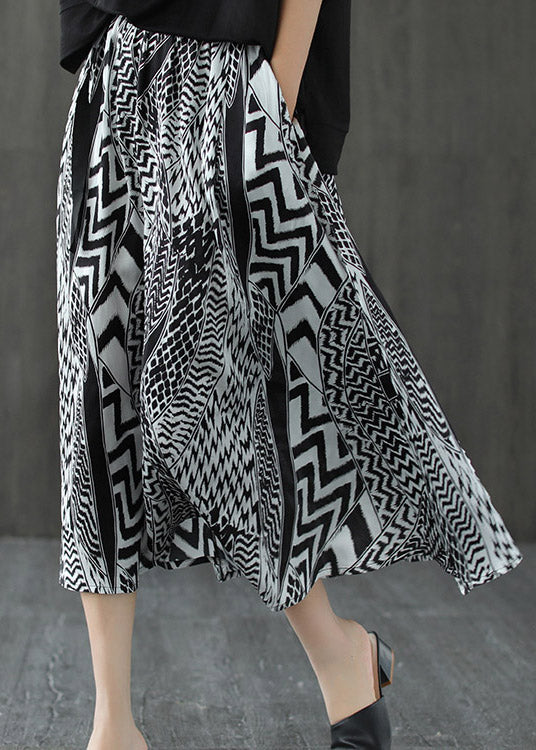 Elegant Black White Print Patchwork Pockets Elastic Waist Linen Skirt Summer - Skirts - DINIBLO 